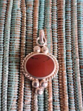 VINTAGE Thailand Sterling Silver Red Jasper Cabochon Pendant